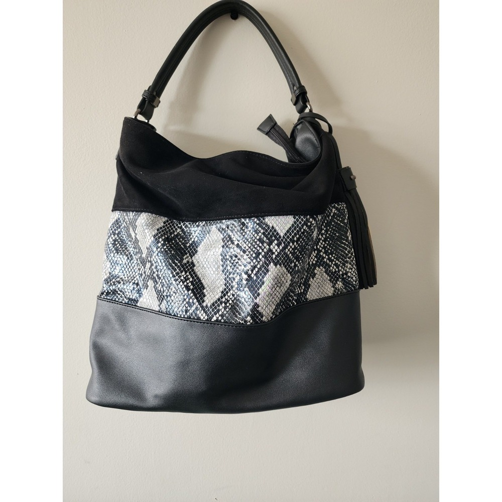David Jones Paris Hobo Shoulder Bag Black Faux Suede Snakeskin Python Purse Lg